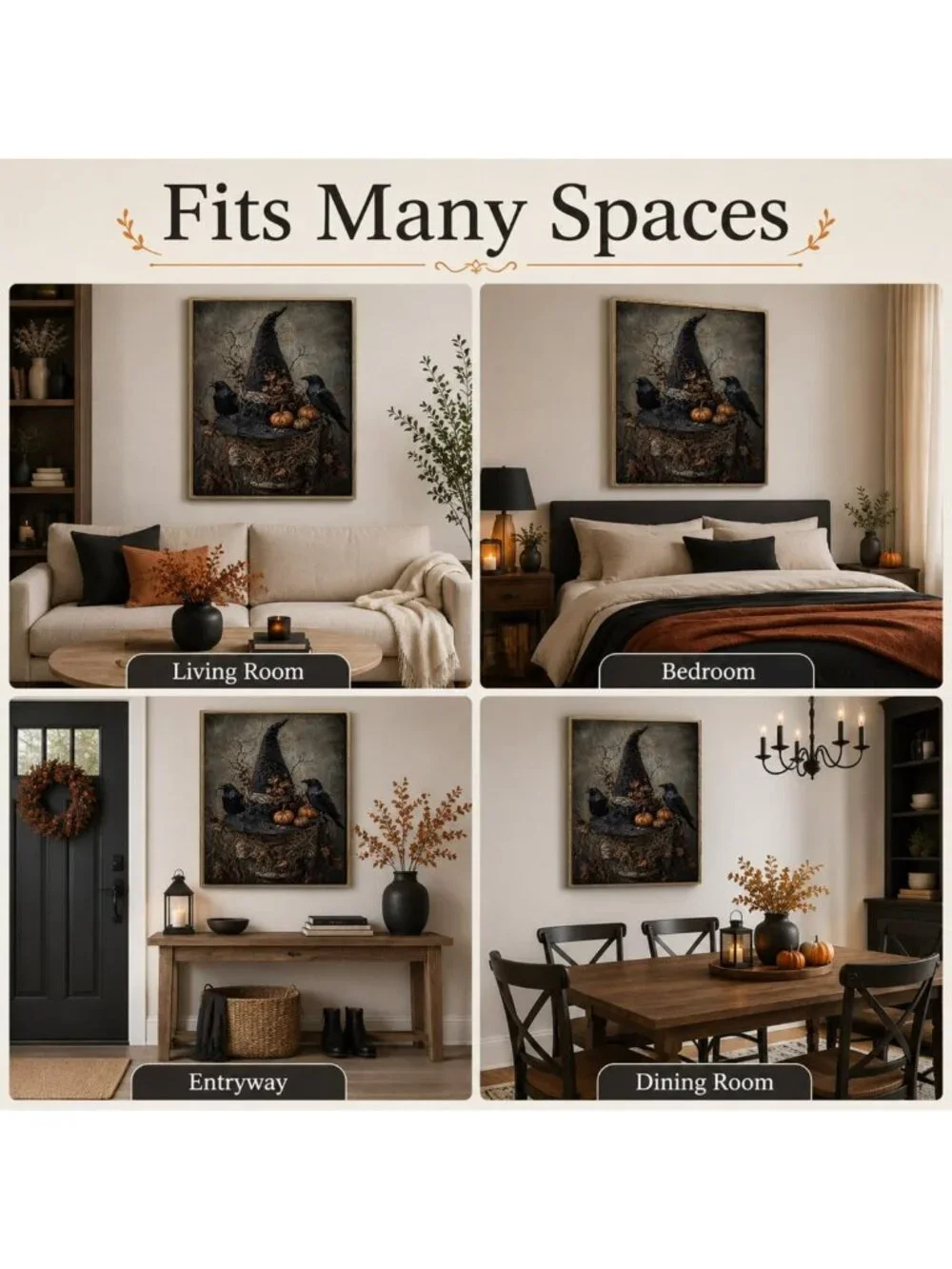 Spooky Halloween Framed Wall Art - Witch Hat, Raven & Pumpkin Decor
